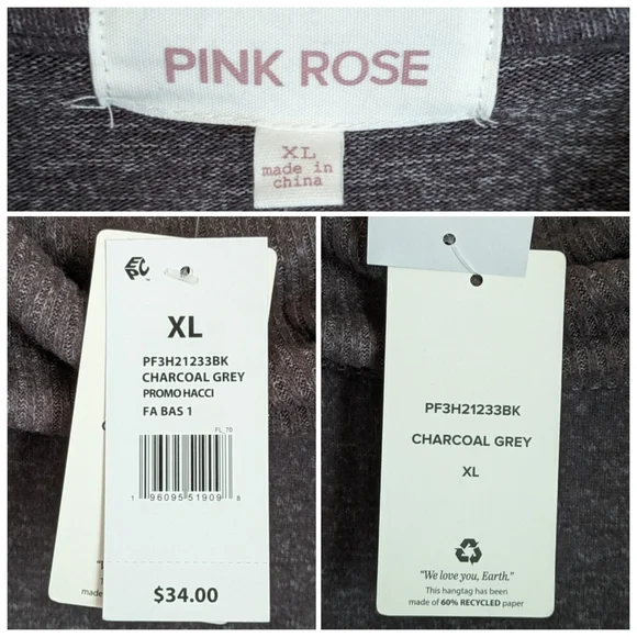 🆕 Pink Rose Sweater Charcoal Gray Cowl Neck XL Thumb Holes Long Sleeves - Picture 14 of 15